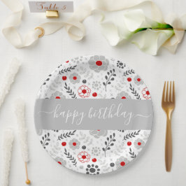  moderne rode en grijze bloemen van zaterdag papieren bordje