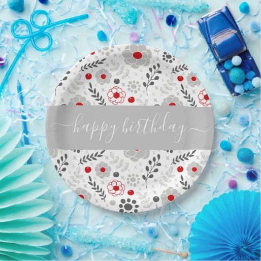  moderne rode en grijze bloemen van zaterdag papieren bordje (Feest)