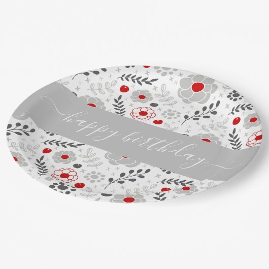  moderne rode en grijze bloemen van zaterdag papieren bordje (Gekanteld)