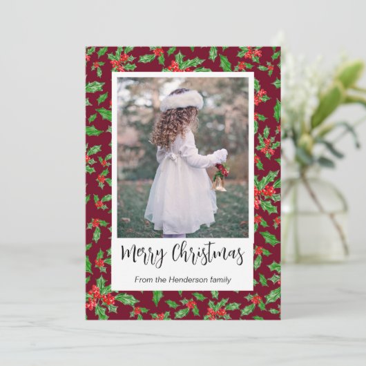 Moderne rode en groene Holly Merry kerstfoto Feestdagenkaart (Staand voorkant)
