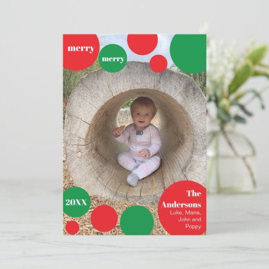 Moderne rode en groene Polka Dot Foto Feestdagenkaart (Staand voorkant)