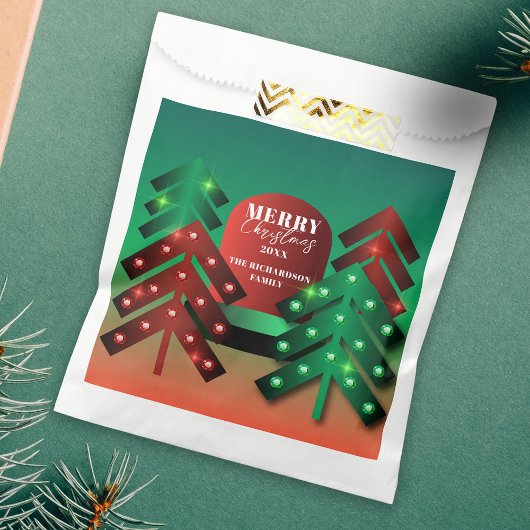 Moderne rode en groene sprankelende kerstbomen bedankzakje