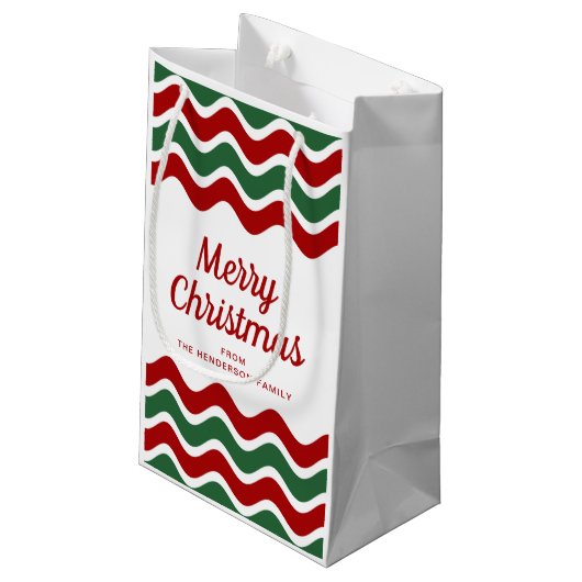 Moderne rode en groene strepen Vrolijk kerstfeest Klein Cadeauzakje (Achterkant Gekanteld)