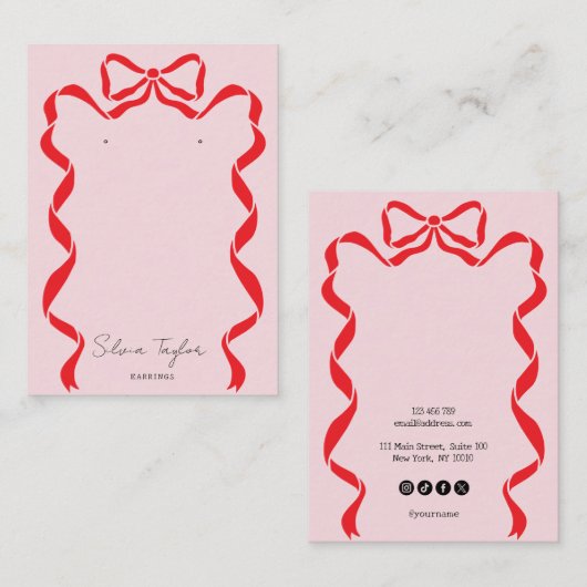 Moderne rode en roze boog lint oorbel display visitekaartje (Voorkant / Achterkant)
