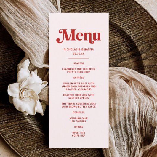 Moderne rode en roze bruiloft thema menu