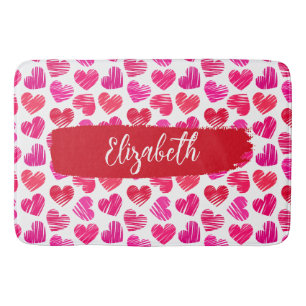 Moderne Rode en Roze Doodled Harten Valentijn Naam Badmat