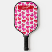 Moderne Rode en Roze Doodled Harten Valentijn Naam Pickleball Paddle (Voorkant)
