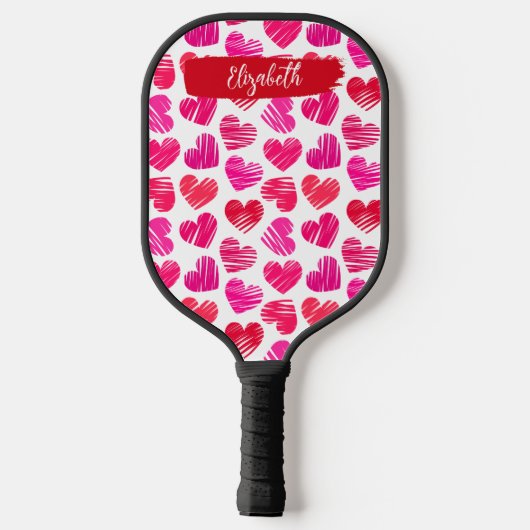 Moderne Rode en Roze Doodled Harten Valentijn Naam Pickleball Paddle (Achterkant)