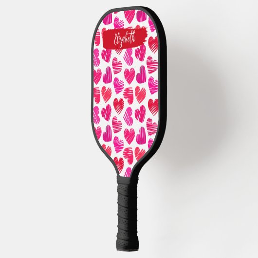 Moderne Rode en Roze Doodled Harten Valentijn Naam Pickleball Paddle (Links)