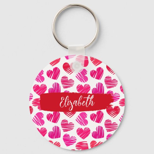 Moderne Rode en Roze Doodled Harten Valentijn Naam Sleutelhanger (Voorkant)
