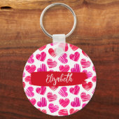 Moderne Rode en Roze Doodled Harten Valentijn Naam Sleutelhanger (Voorkant)
