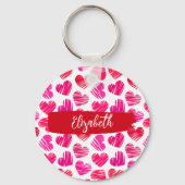 Moderne Rode en Roze Doodled Harten Valentijn Naam Sleutelhanger (Achterkant)