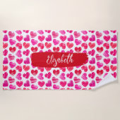 Moderne Rode en Roze Doodled Harten Valentijn Naam Strandlaken (Voorkant)