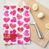 Moderne Rode en Roze Doodled Harten Valentijn Naam Theedoek (Quarter Fold)