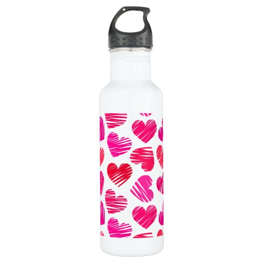 Moderne Rode en Roze Doorgestreepte Harten Valenti Waterfles (Voorkant)