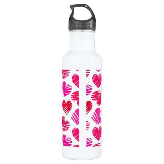 Moderne Rode en Roze Doorgestreepte Harten Valenti Waterfles (Achterkant)