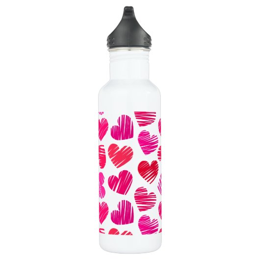 Moderne Rode en Roze Doorgestreepte Harten Valenti Waterfles (Rechts)