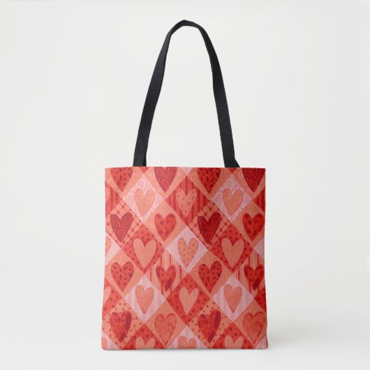 Moderne rode en roze quilt patchwork harten tote bag (Voorkant)