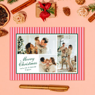 Moderne Rode en Roze Streep 3 Foto Kerst Kaart
