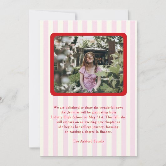 Moderne rode en roze strepen 2 foto Afstuderen Aankondiging (Achterkant)