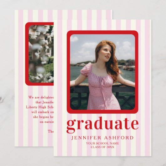 Moderne rode en roze strepen 2 foto Afstuderen Aankondiging (Voorkant / Achterkant)