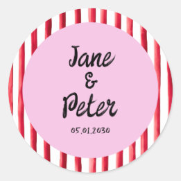Moderne rode en roze trouwstickers met vette strep ronde sticker