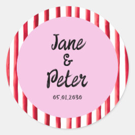 Moderne rode en roze trouwstickers met vette strep ronde sticker