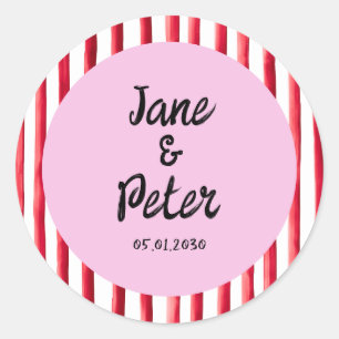 Moderne rode en roze trouwstickers met vette strep ronde sticker