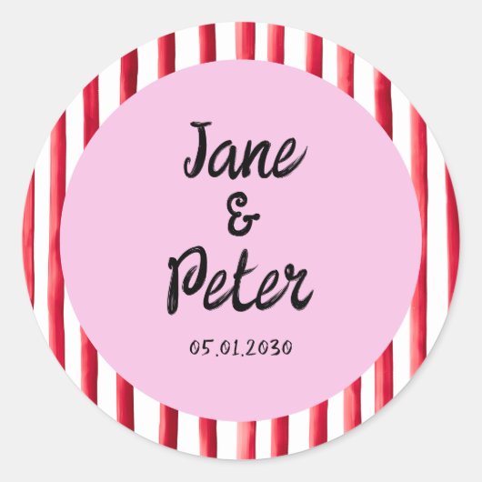 Moderne rode en roze trouwstickers met vette strep ronde sticker (Voorkant)