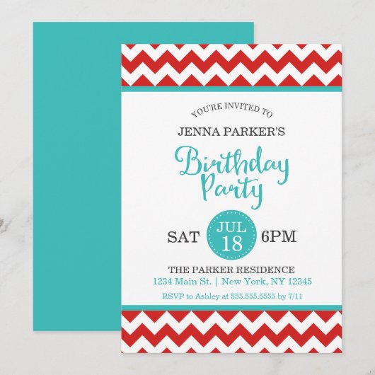 Moderne rode en turquoise Chevron verjaardagsfeest Kaart (Voorkant / Achterkant)