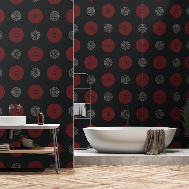 Moderne Rode en Witte Art Deco Cirkels Behang (Badkamer)