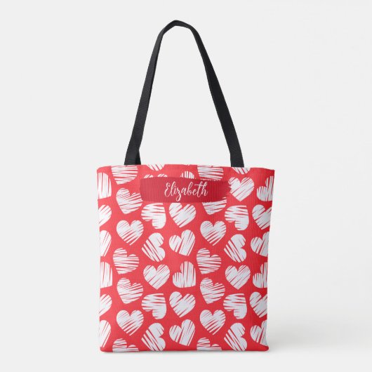 Moderne Rode en Witte Gevlekte Hart Valentijn Naam Tote Bag (Achterkant)