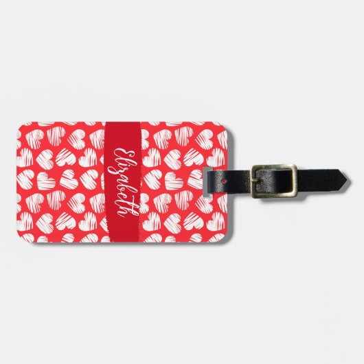 Moderne Rode en Witte Gevlekte Hart Valentijnsnaam Bagagelabel (Voorkant horizontaal)