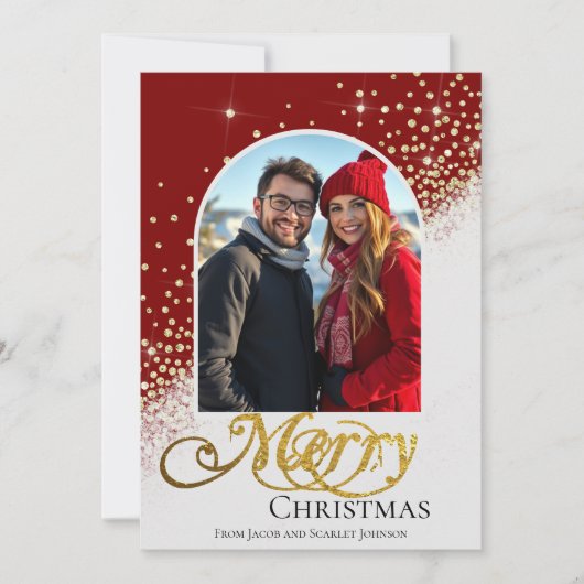 Moderne rode en witte glinsterende kerstfoto feestdagenkaart (Voorkant)
