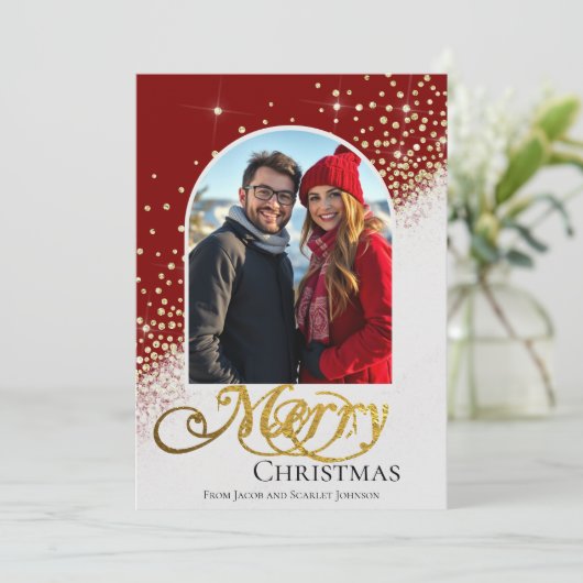 Moderne rode en witte glinsterende kerstfoto feestdagenkaart (Staand voorkant)