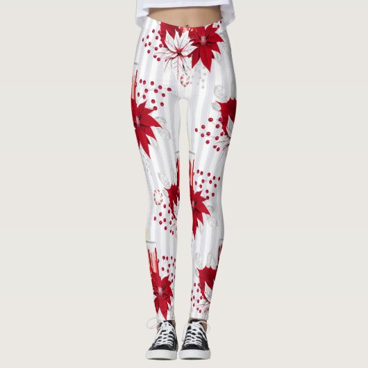 Moderne rode en witte Poinsettia-ventilator Leggings (Voorkant)