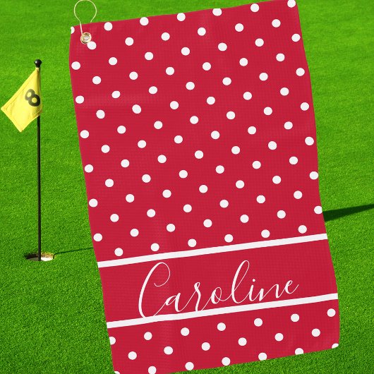 Moderne rode en witte Polka Dot Elegant Monogramme Golfhanddoek