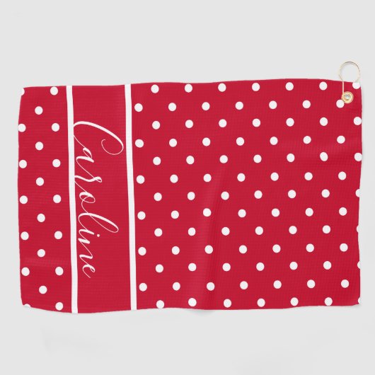 Moderne rode en witte Polka Dot Elegant Monogramme Golfhanddoek (Horizontaal)