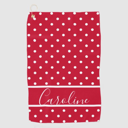 Moderne rode en witte Polka Dot Elegant Monogramme Golfhanddoek (Voorkant)