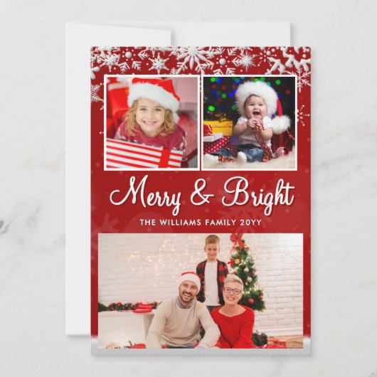 Moderne rode en witte sneeuwvlok Aangepaste drie f Feestdagenkaart (Voorkant)