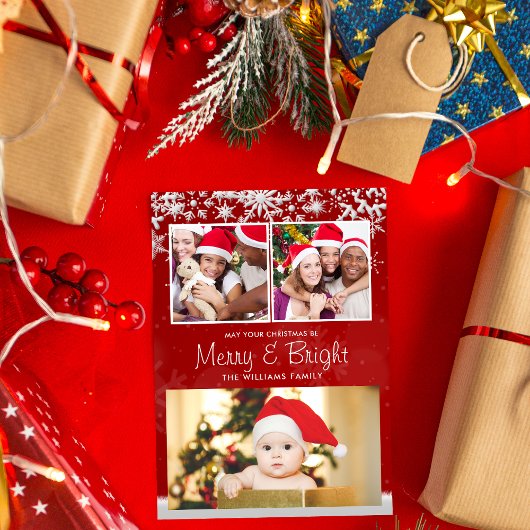 Moderne rode en witte sneeuwvlok Aangepaste drie f Feestdagenkaart