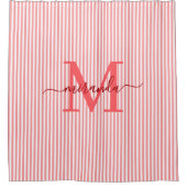 Moderne rode en witte strepen monogram naam douchegordijn (Voorkant)