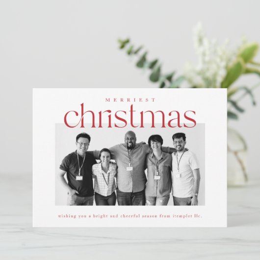 Moderne rode en witte zakelijke kerstfotokaart feestdagenkaart (Staand voorkant)