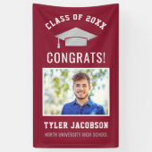 Moderne rode en zilveren foto afstudeerfeestje spandoek (Verticaal)