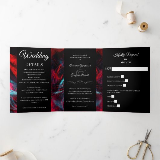 Moderne rode en zwarte bruiloft drievoudige uitnod drieluik uitnodiging (Binnen)