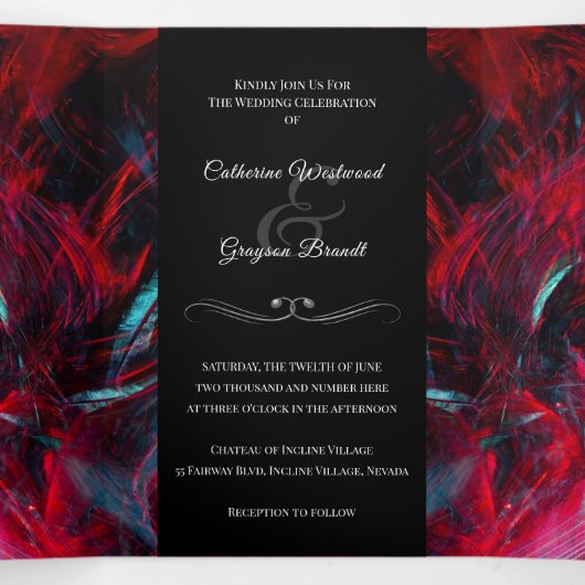 Moderne rode en zwarte bruiloft drievoudige uitnod drieluik uitnodiging (Binnenkant midden)