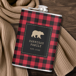 Moderne rode en zwarte Buffalo Plaid familienaam Heupfles