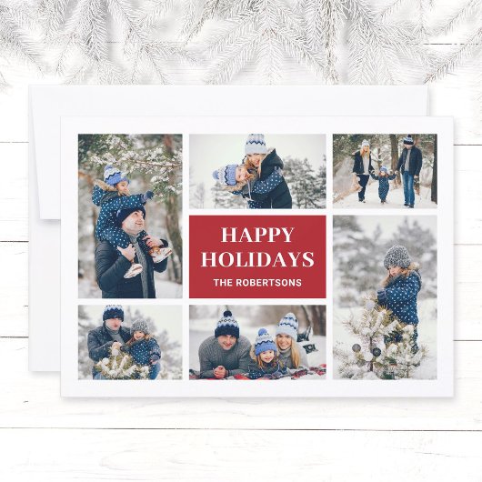 Moderne Rode Familie 8 Fotocollage Kerst Kaart