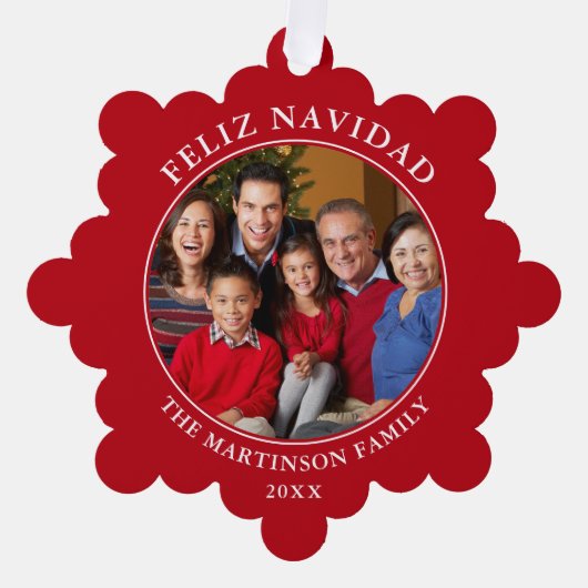 Moderne rode Feliz Navidad foto Ornament Kaart (Voorkant)