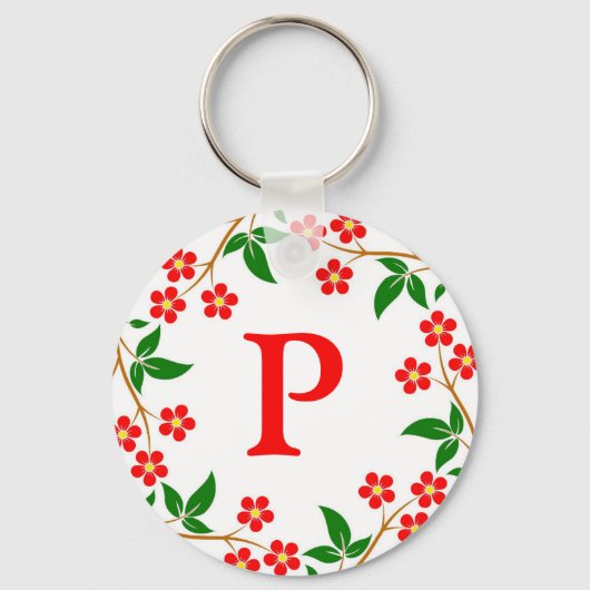 Moderne  rode Floral White Monogrammed Sleutelhanger (Voorkant)